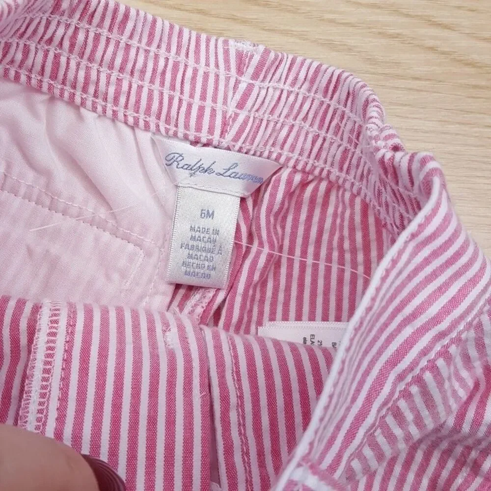 RALPH LAUREN Baby Shorts 6M Pink White Seersucker Stripe Cotton Elastic Waist